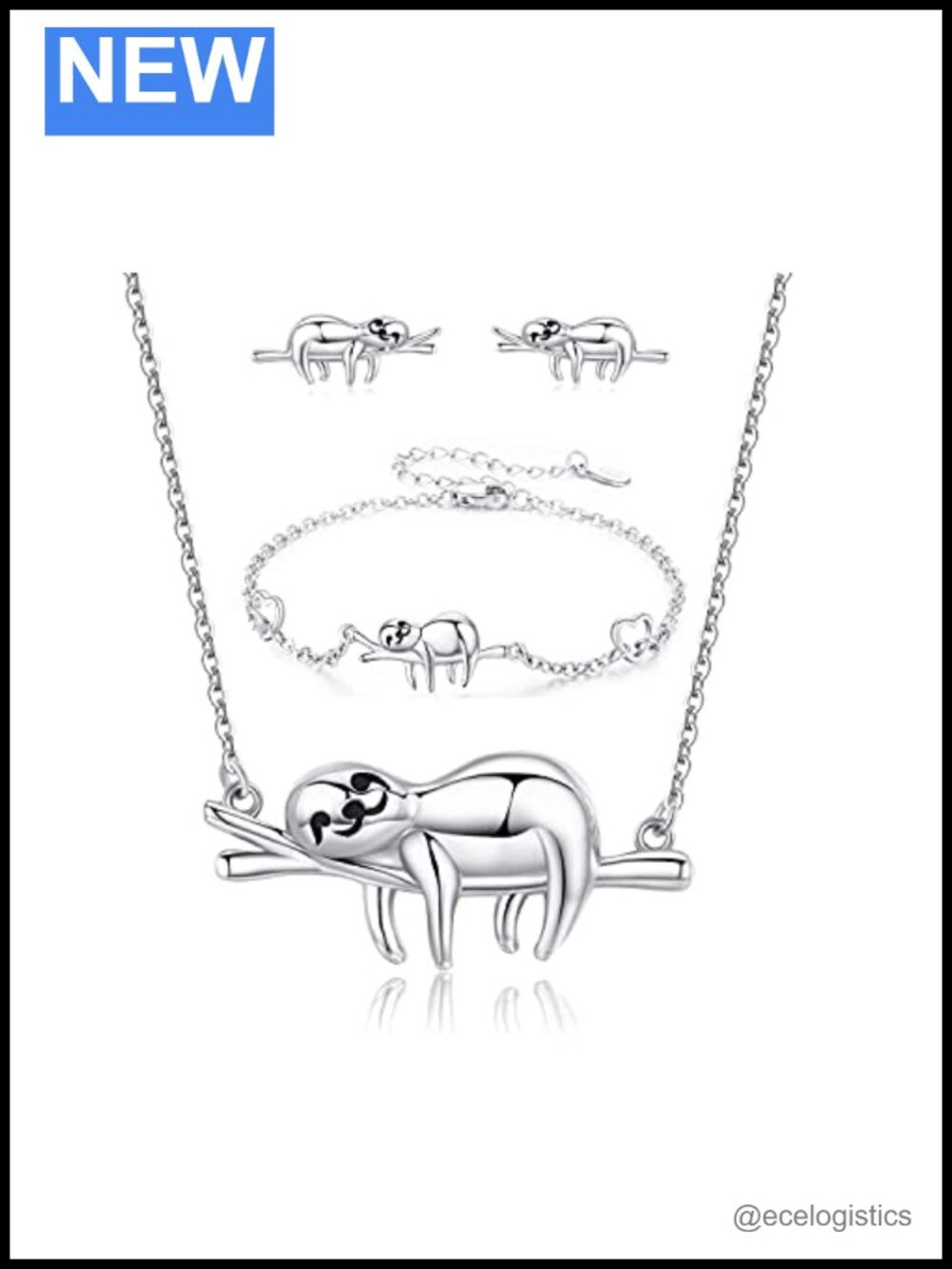 Sterling Silver Sloth Jewelry Set Necklace Bracelet Stud Earrings